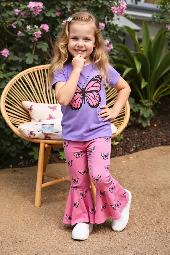 Purple kids summer tracksuit with butterfly print half sleeves and matching pajama set