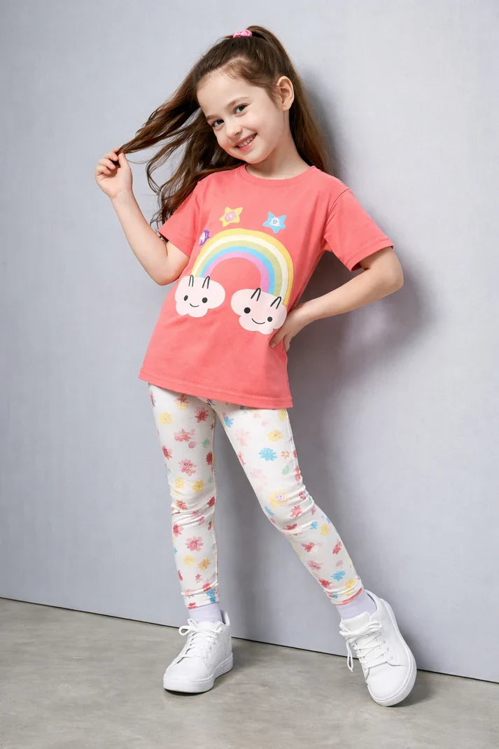 Oman Kids Summer Tracksuit Set OM-409 Peach Rainbow printed half sleeves t shirt with printed pjs
