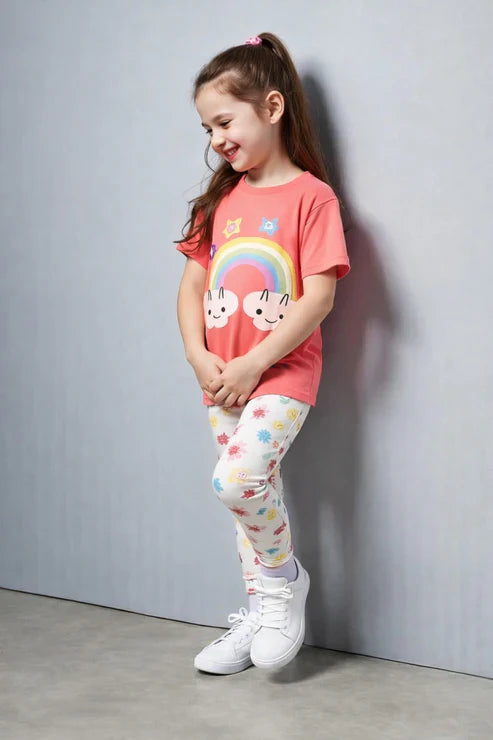 Oman Kids Summer Tracksuit Set OM-409 Peach Rainbow printed half sleeves t shirt with printed pjs