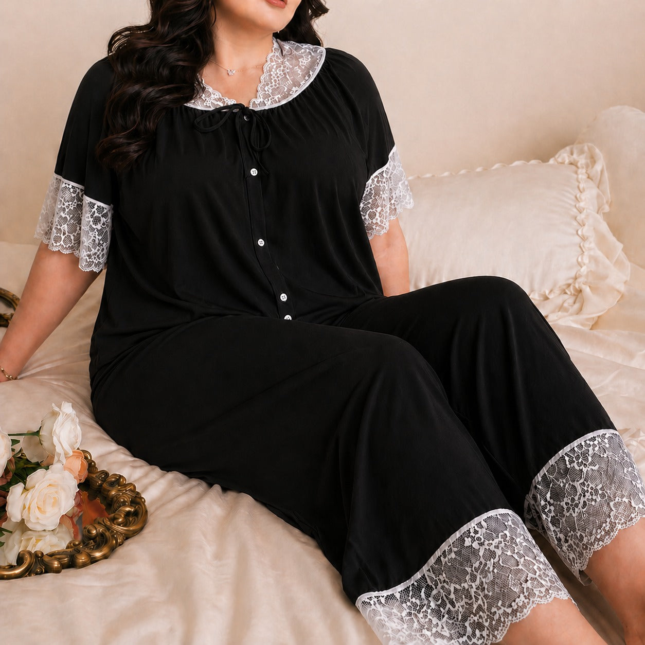 CH 6043 Short Sleeve Lace Trim Sleepwear