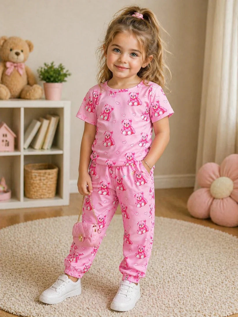 Adorable baby pink tracksuit with all-over bears print for kids, half sleeves design.