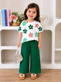 White with Green Multi Flowers Printed Half Sleeves The Ultimate Kids Suit (OM-430)
