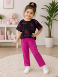 Black & Dark Pink Cool Girl with Rabit Printed Half Sleeves Kids Suit The Ultimate Kids Suit (OM-429)