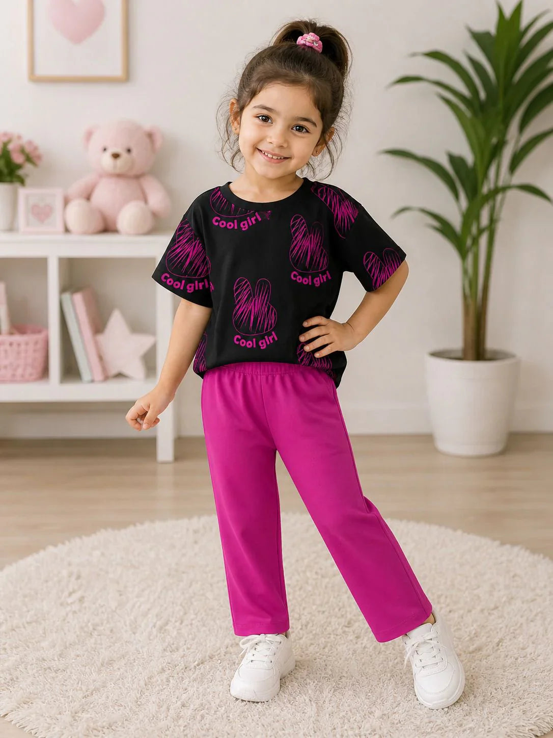Black & Dark Pink Cool Girl with Rabit Printed Half Sleeves Kids Suit The Ultimate Kids Suit (OM-429)