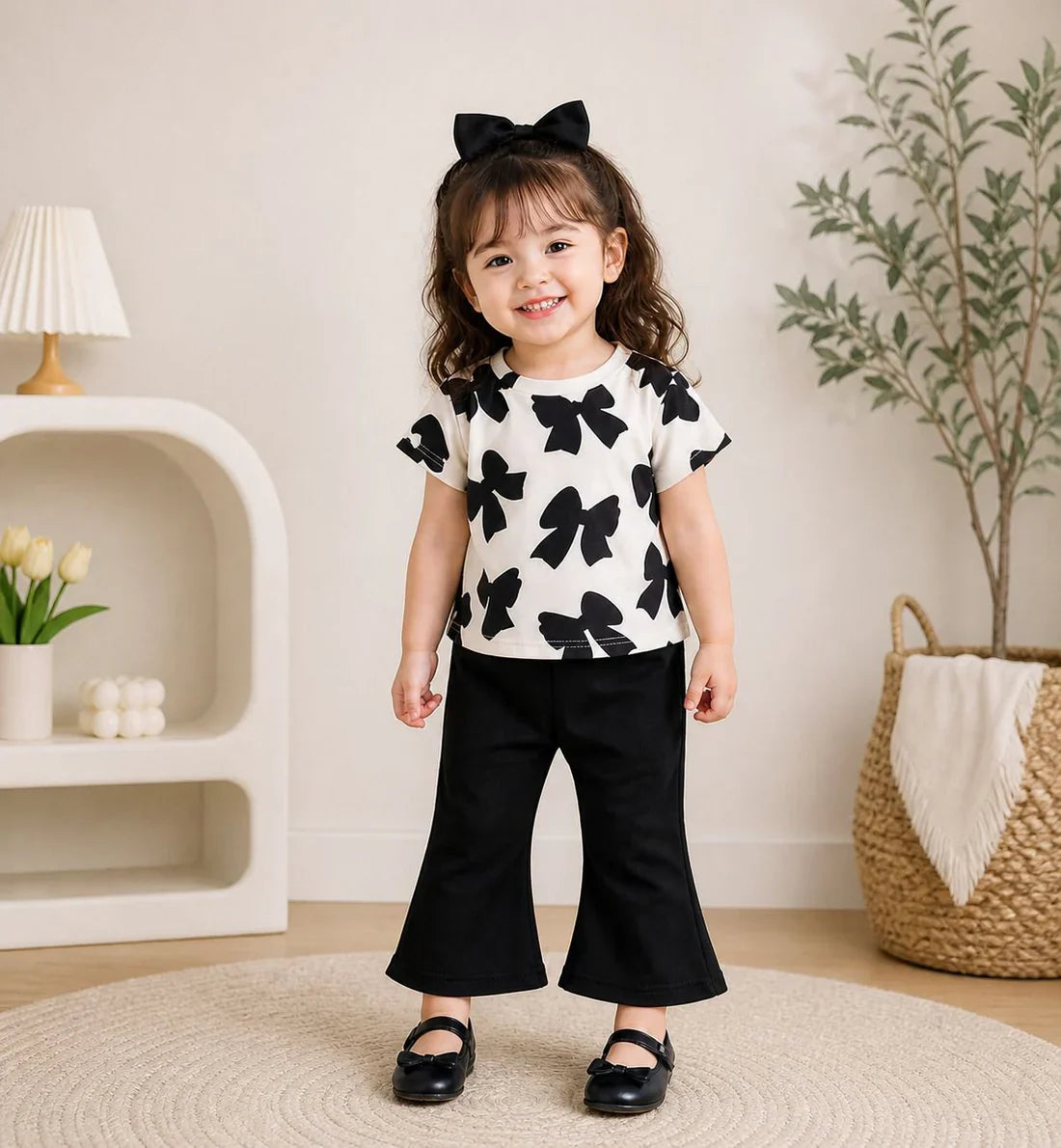 White with Black Bow Printed Half Sleeves Kids Suit The Ultimate Kids Suit (OM-428)