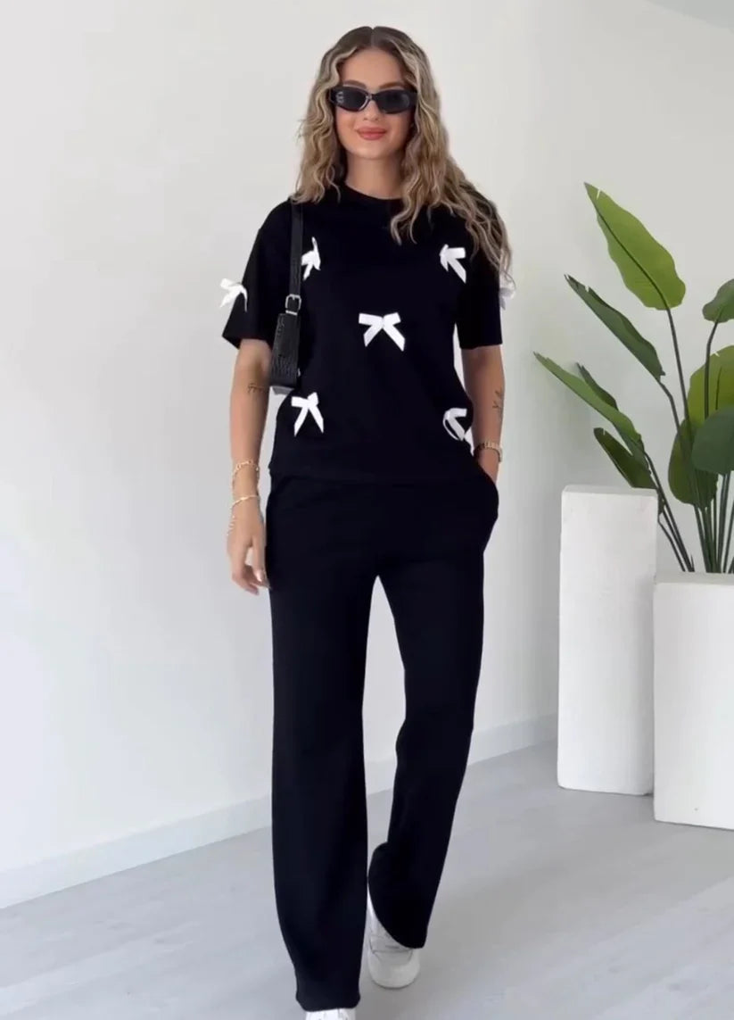 Women's casual lounge set with bow-detail top and relaxed-fit straight-leg pants 01
