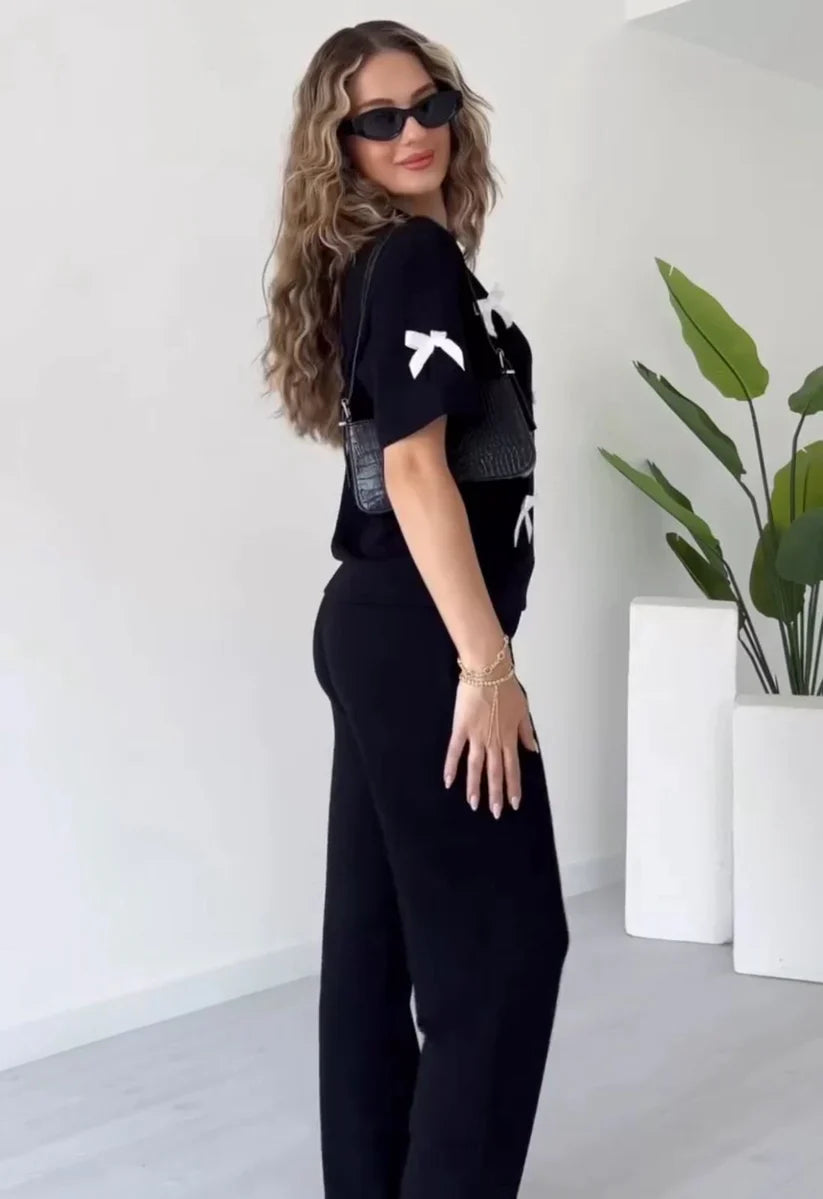 Women's casual lounge set with bow-detail top and relaxed-fit straight-leg pants 02