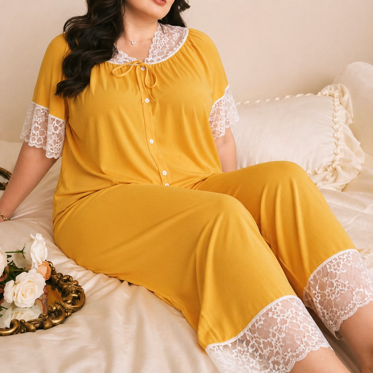 Women's nightwear set with delicate lace embroidery and front button detailing in a soft breathable fabric 02