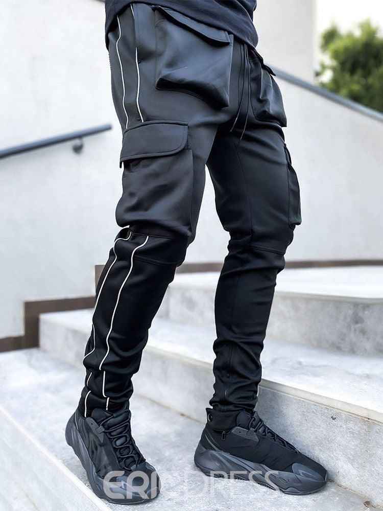 Black cargo pants white stripe hip hop mens - The Divine Shop