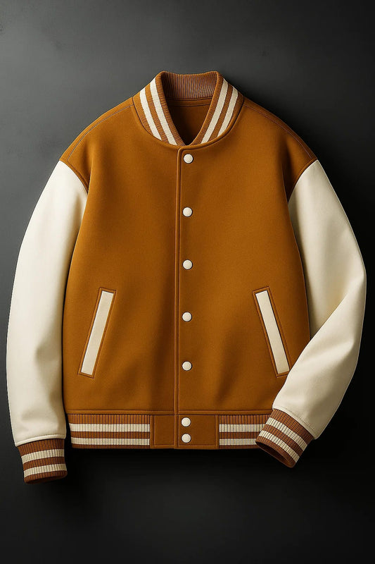 Vintage camel brown letterman jacket with cream sleeves and matching striped cuffs.