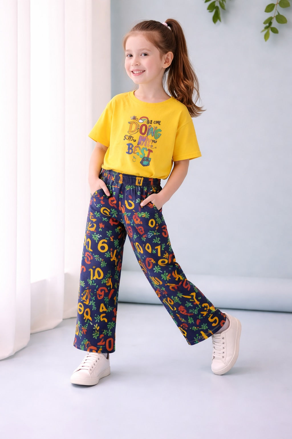 Yellow Alphabet Print Kids Summer Tracksuit for Girls - OM-422