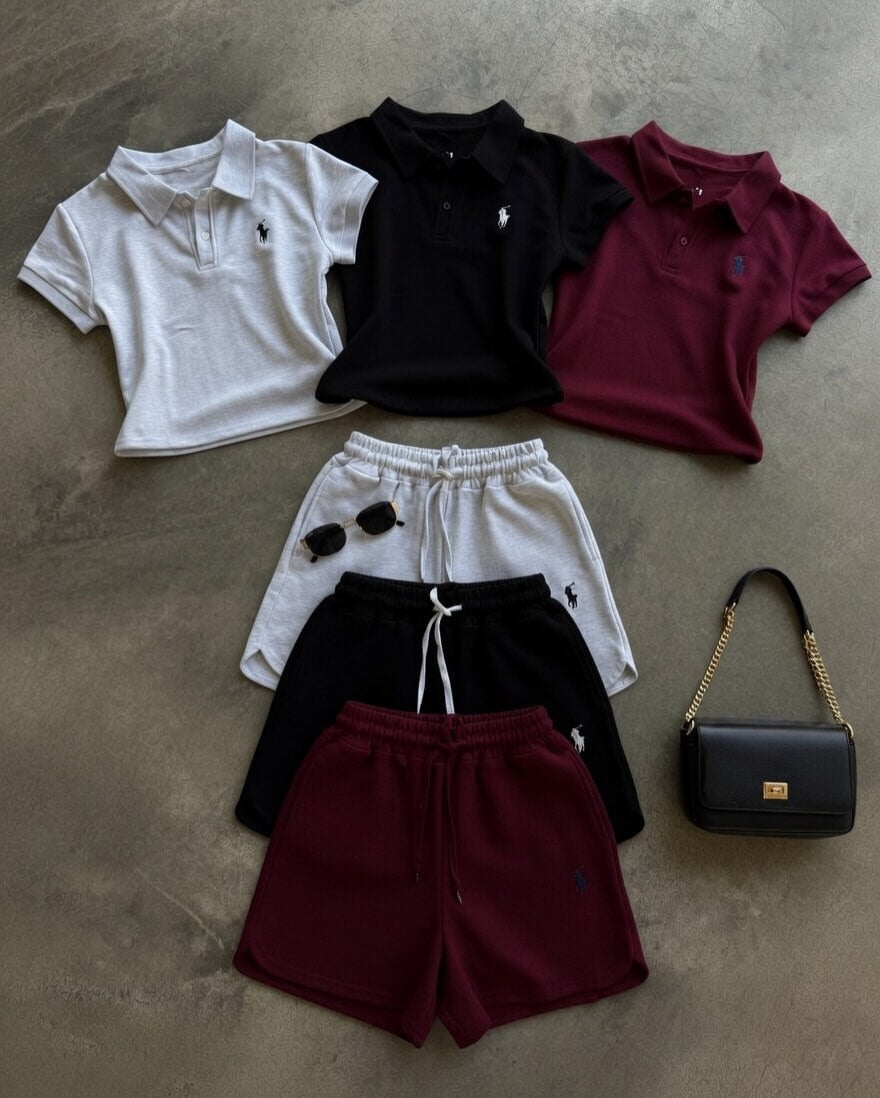 premium women polo co ord set with matching shorts in black white and maroon summer outfit Pakistan aesthetic casual lounge wear set