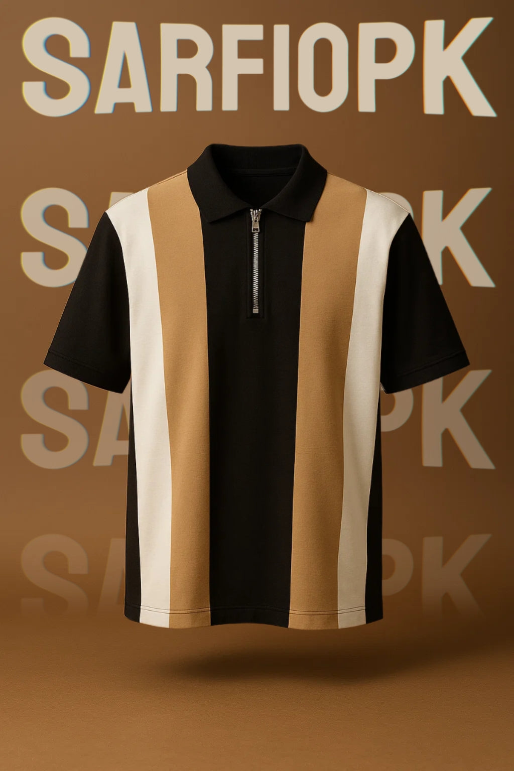 Men's Triple Stripe Zip Polo - Camel, Black & Ivory Edition