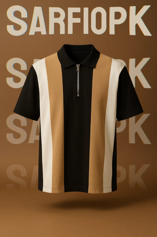 Men's Triple Stripe Zip Polo - Camel, Black & Ivory Edition