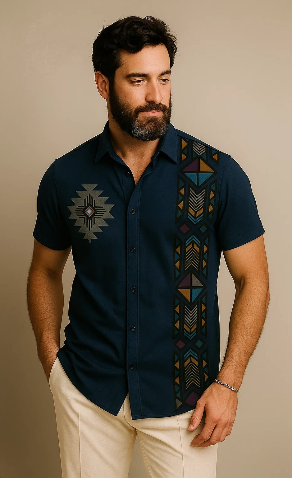 Men’s Indian Style Tribal Print Shirt – Half Sleeve Fitted Casual Wear