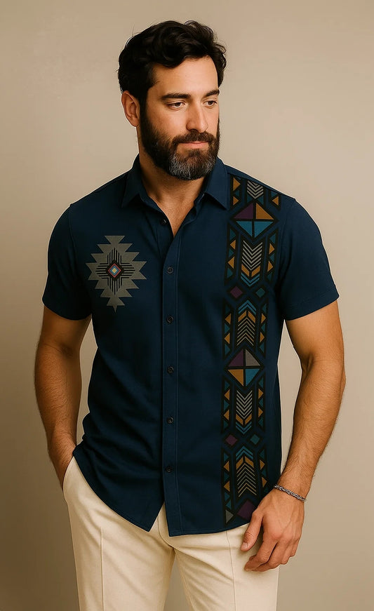Men’s Indian Style Tribal Print Shirt – Half Sleeve Fitted Casual Wear