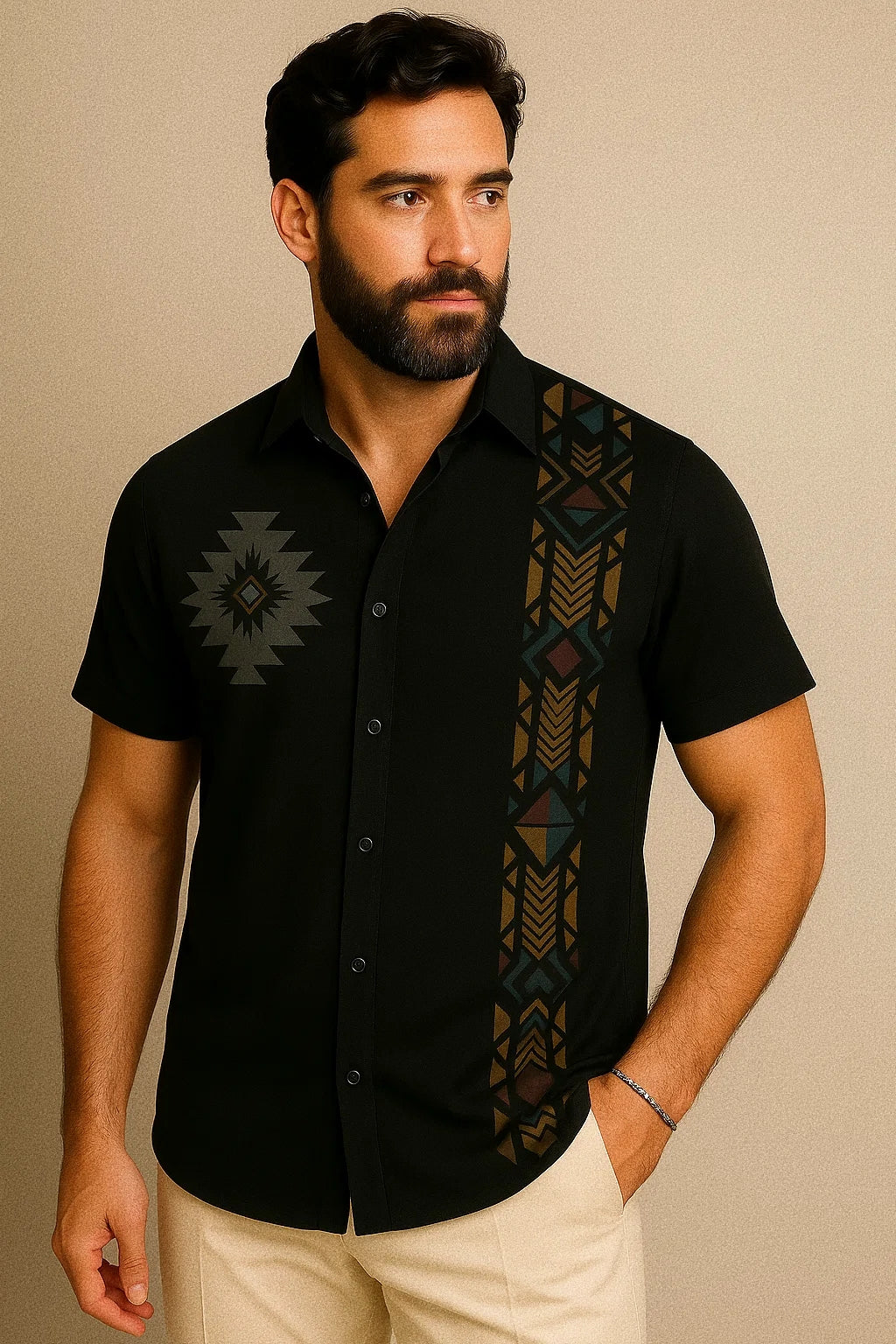 Men’s Indian Style Tribal Print Shirt – Half Sleeve Fitted Casual Wear