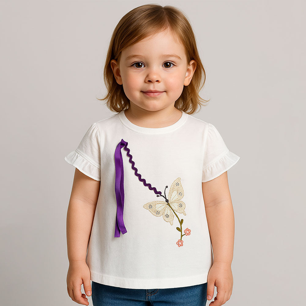 Baby Girl 3D Butterfly White Fancy Frock Half Sleeve Pullover Shirt for 12 Months- 4 Years