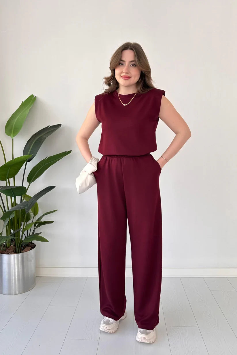 women co ord set sleeveless top wide leg pants casual elegant outfit minimal style comfortable everyday wear trendy matching set 05