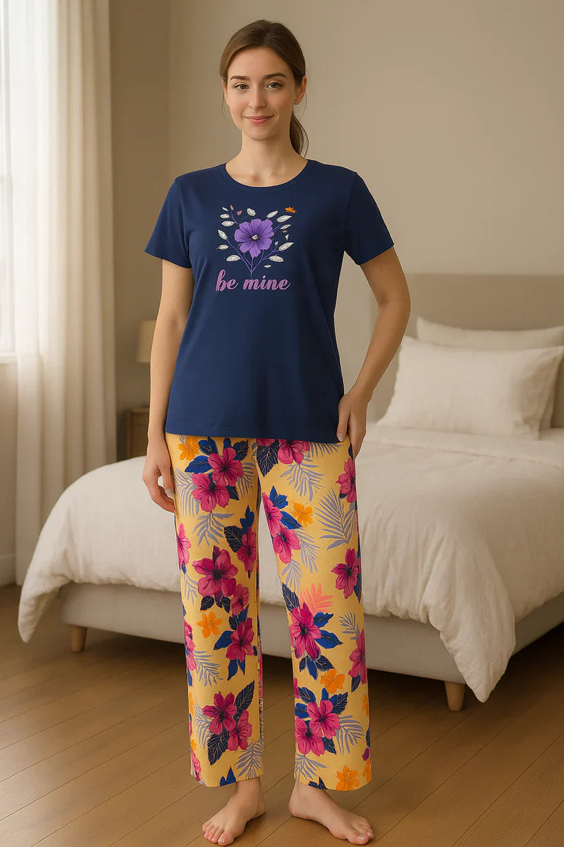 women printed night suit cotton pajama set short sleeve t shirt floral pants comfortable sleepwear soft breathable loungewear home outfit 01