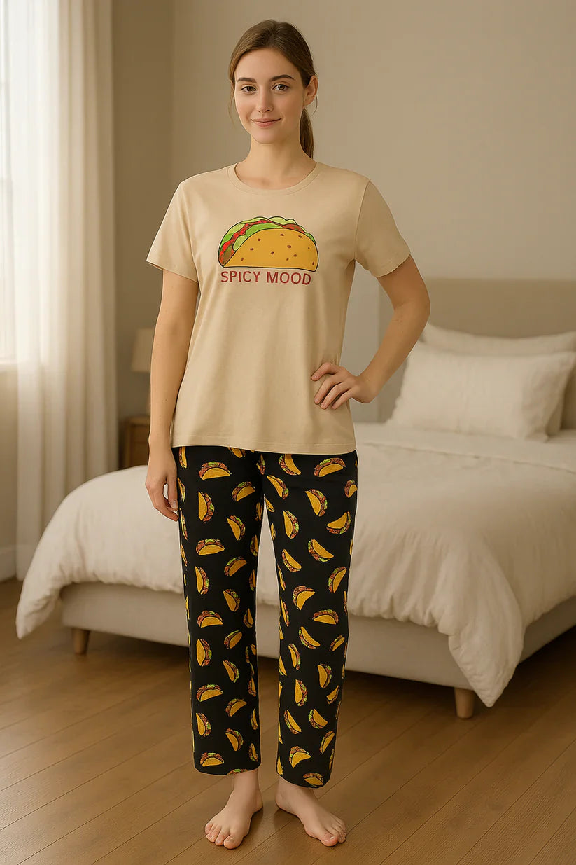 women printed night suit cotton pajama set short sleeve t shirt floral pants comfortable sleepwear soft breathable loungewear home outfit 03