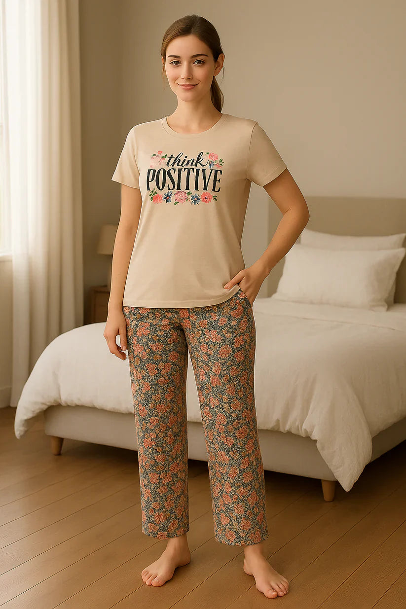 women printed night suit cotton pajama set short sleeve t shirt floral pants comfortable sleepwear soft breathable loungewear home outfit 04