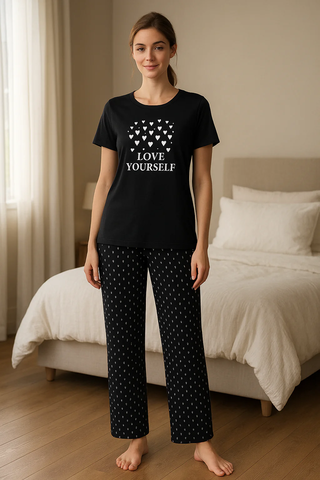 women printed night suit cotton pajama set short sleeve t shirt floral pants comfortable sleepwear soft breathable loungewear home outfit 06